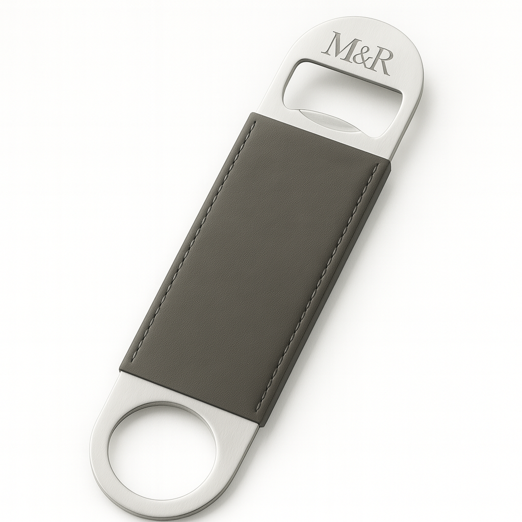 Abrebotellas de acero inoxidable y cuero gris M&R Signature