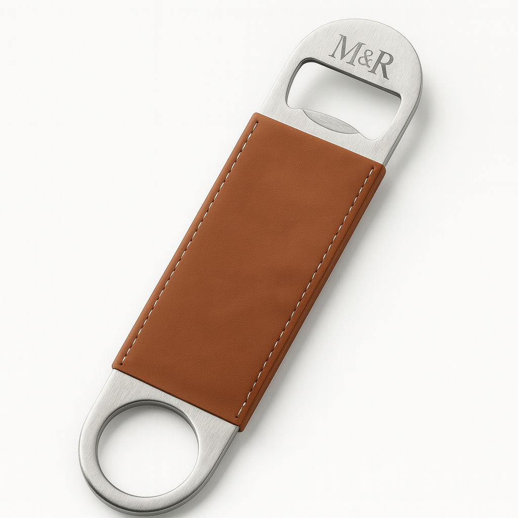 Abrebotellas de acero inoxidable y cuero marrón M&R Signature