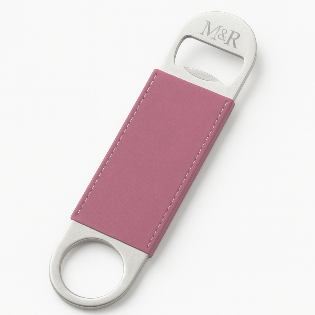 Abrebotellas de acero inoxidable y cuero rosa M&R Sigunature