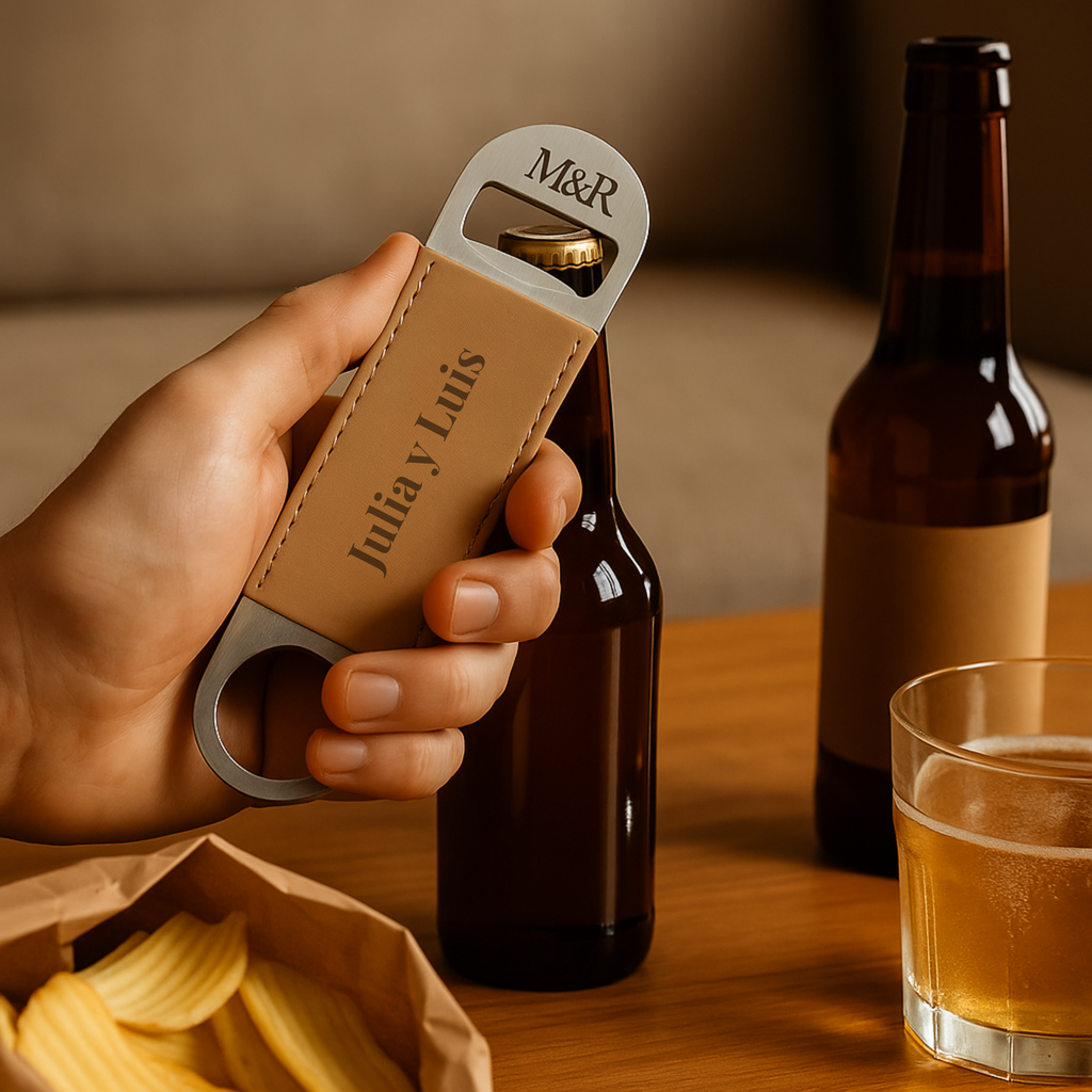 Abrebotellas de acero inoxidable y cuero beige M&R Signature