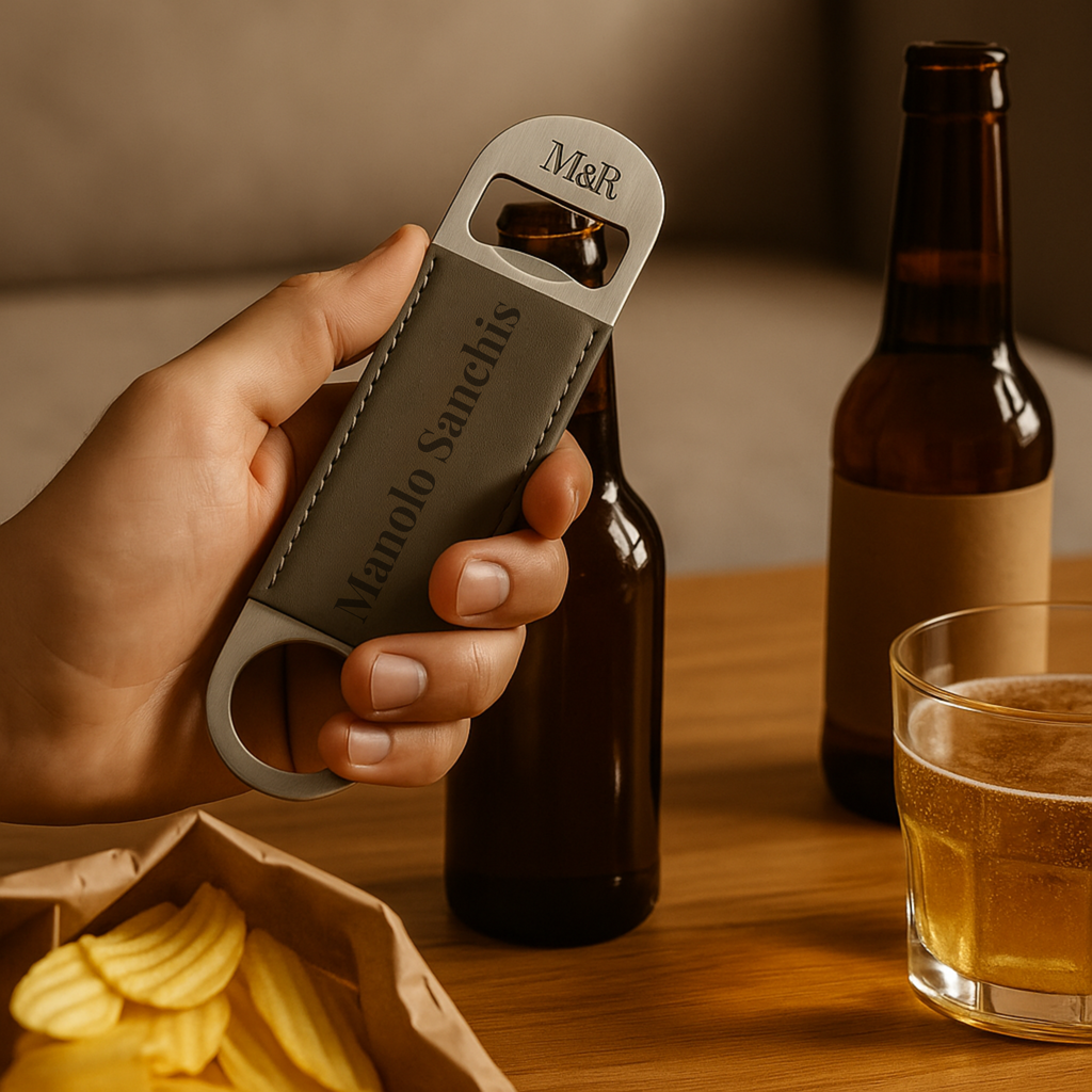 Abrebotellas de acero inoxidable y cuero gris M&R Signature