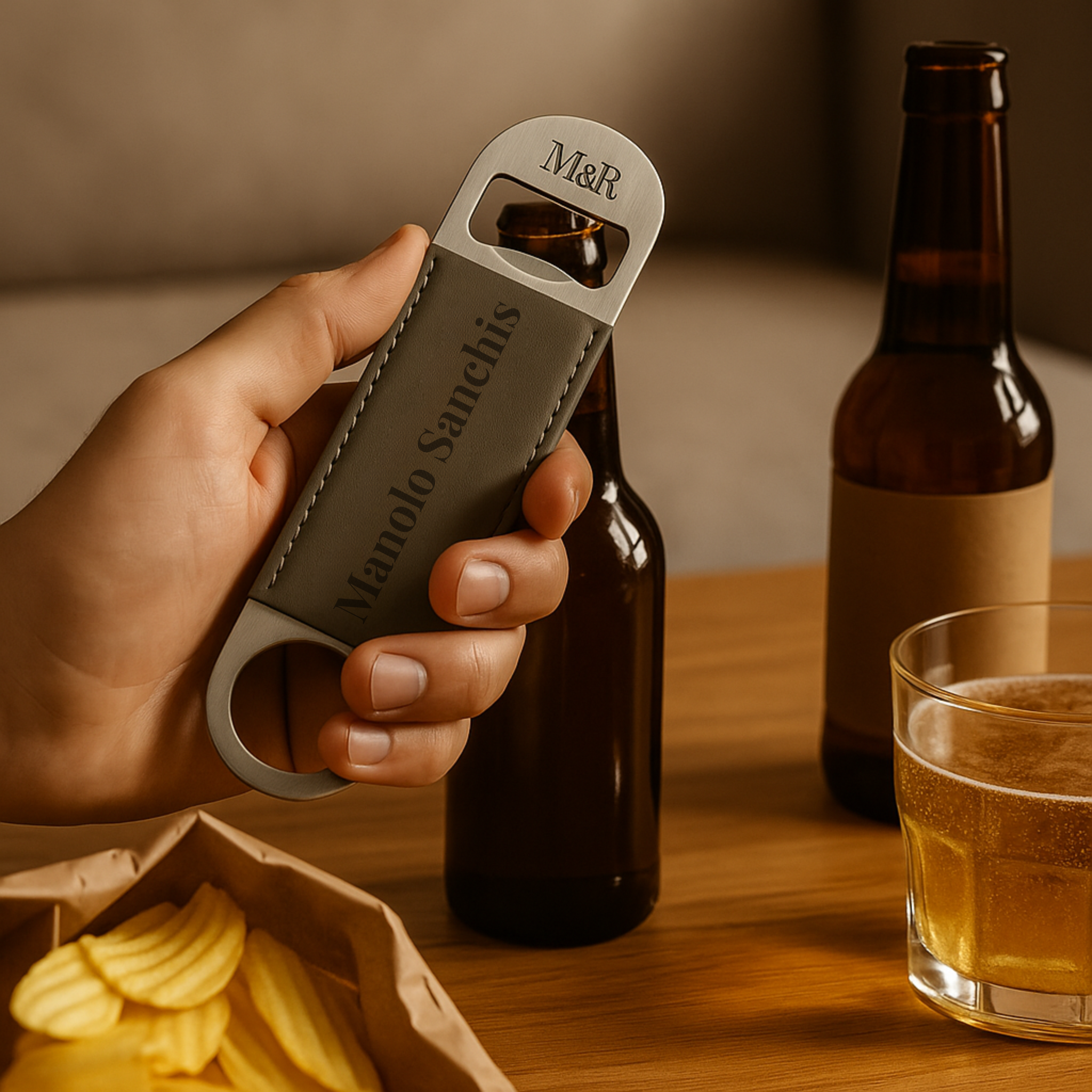 Abrebotellas de acero inoxidable y cuero gris M&R Signature