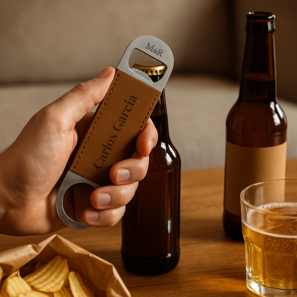 Abrebotellas de acero inoxidable y cuero marrón M&R Signature