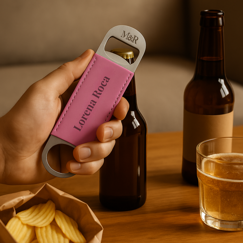 Abrebotellas de acero inoxidable y cuero rosa M&R Sigunature