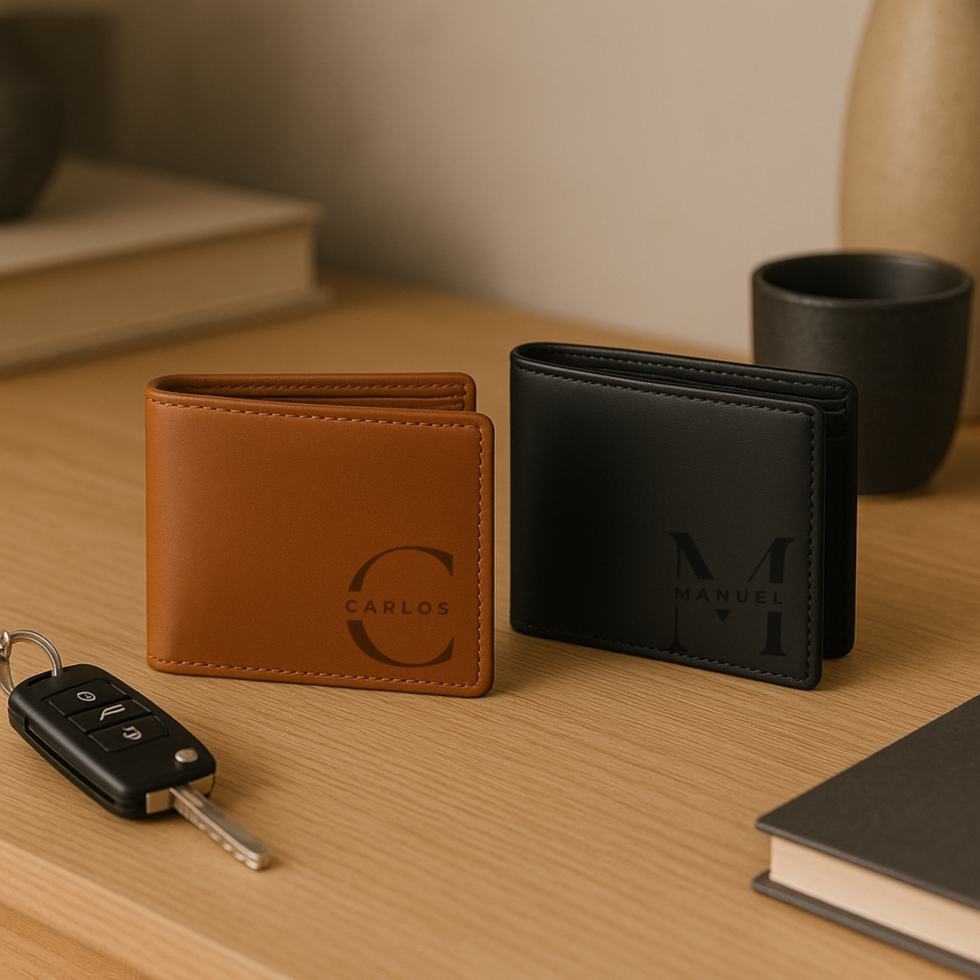 Cartera de cuero genuino Vintage negra con bloqueo RFID personalizable M&R Signature