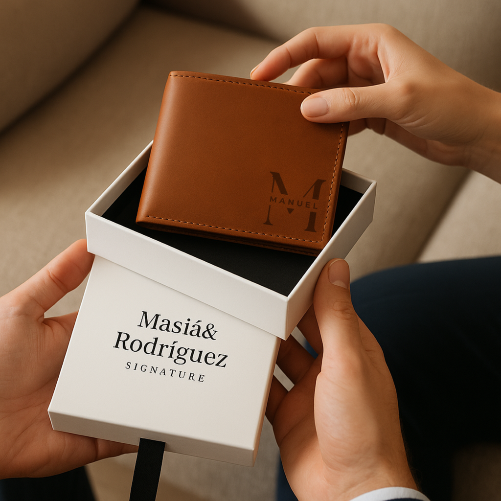 Cartera de cuero genuino Vintage marrón con bloqueo RFID personalizable M&R Signature