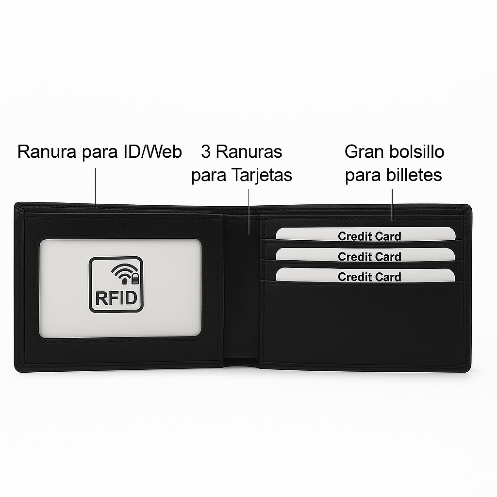 Cartera de cuero genuino Vintage negra con bloqueo RFID personalizable M&R Signature