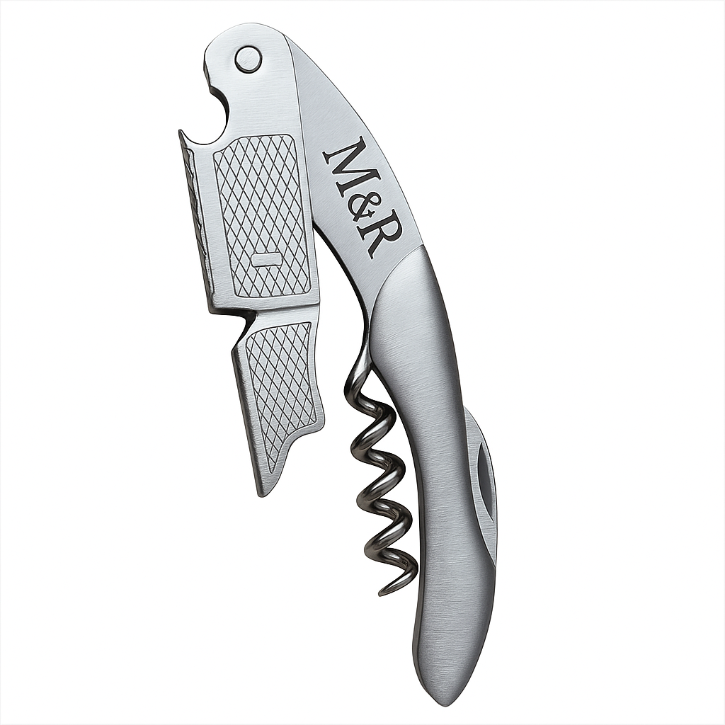 Sacacorchos de acero inoxidable personalizable con funda de cuero M&R Signature