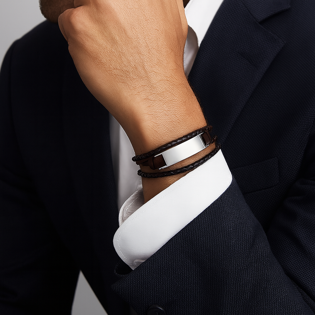 Pulsera de cuero marrón con chapa plateada M&R Sigunature