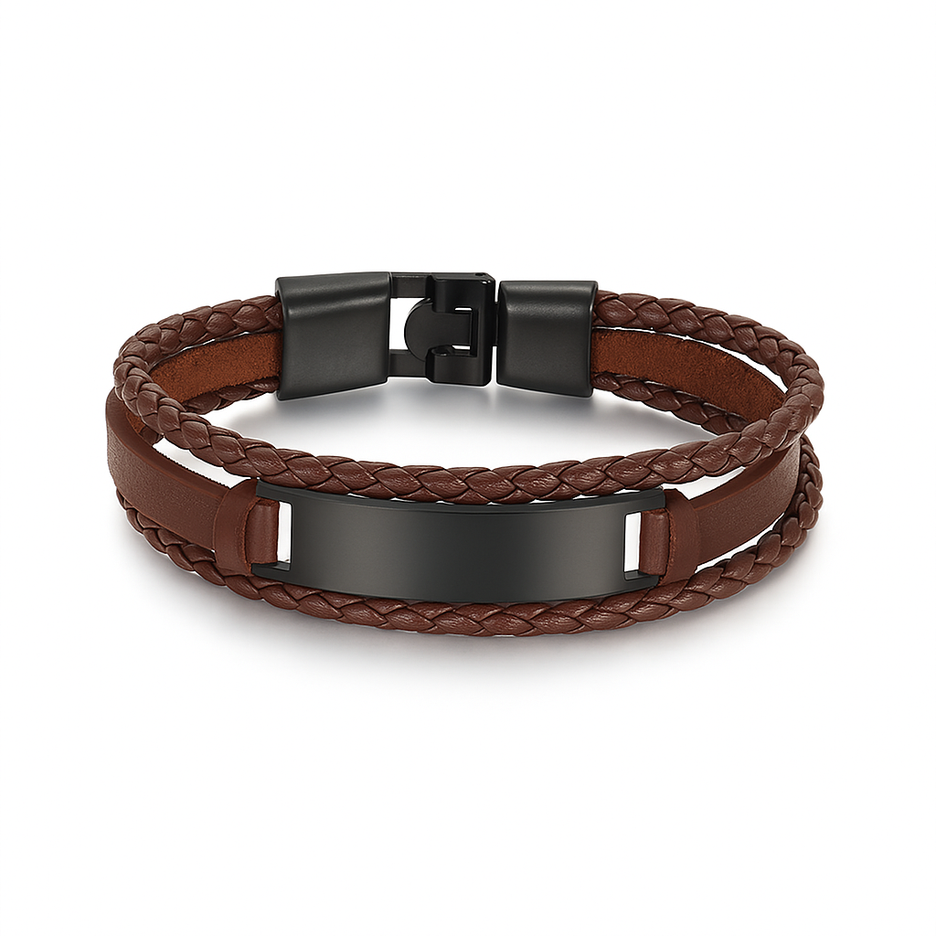 Pulsera de cuero marron con chapa negra M&R SIgnature