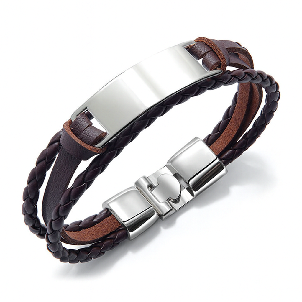 Pulsera de cuero marrón con chapa plateada M&R Sigunature