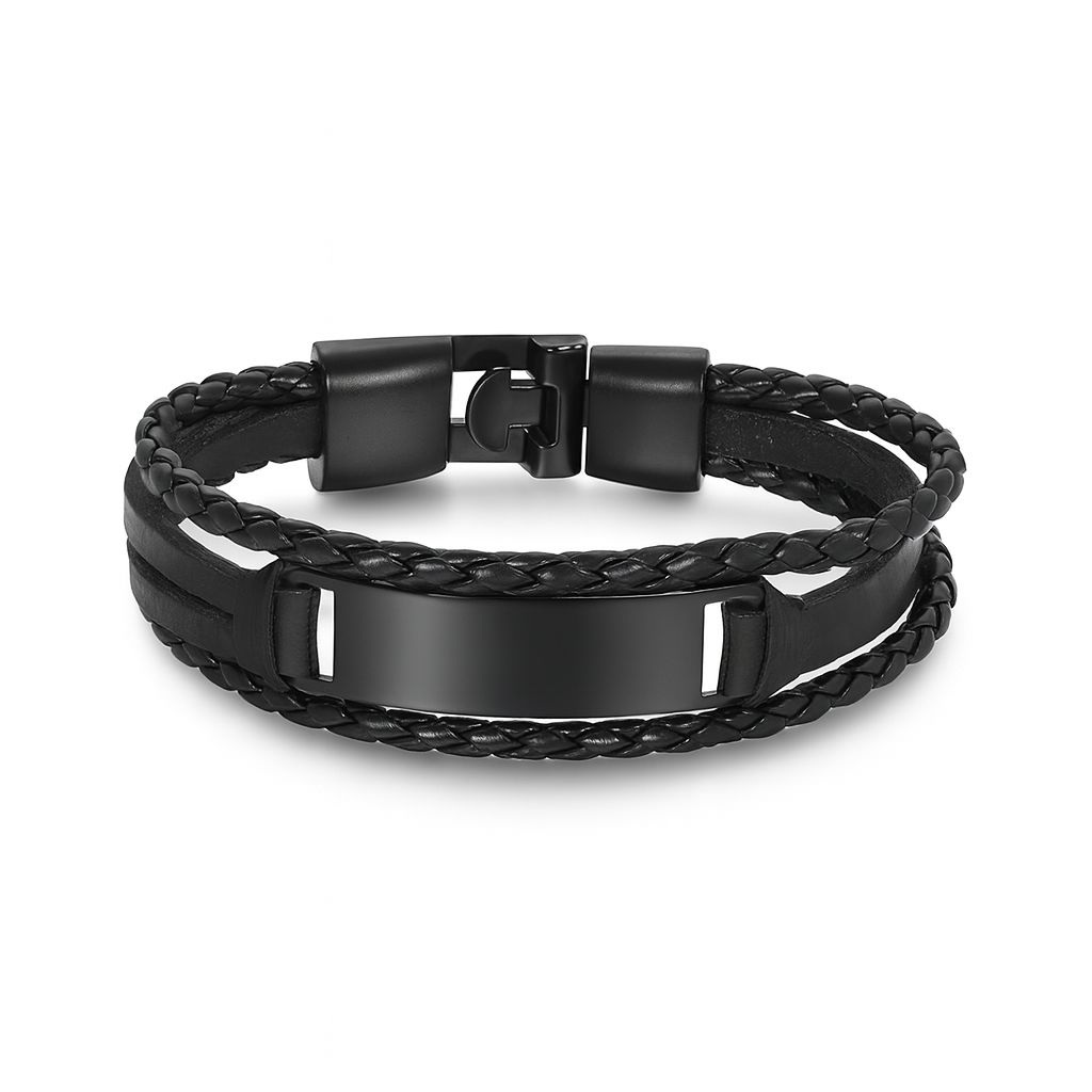 Pulsera de cuero negro con chapa negra M&R Signature