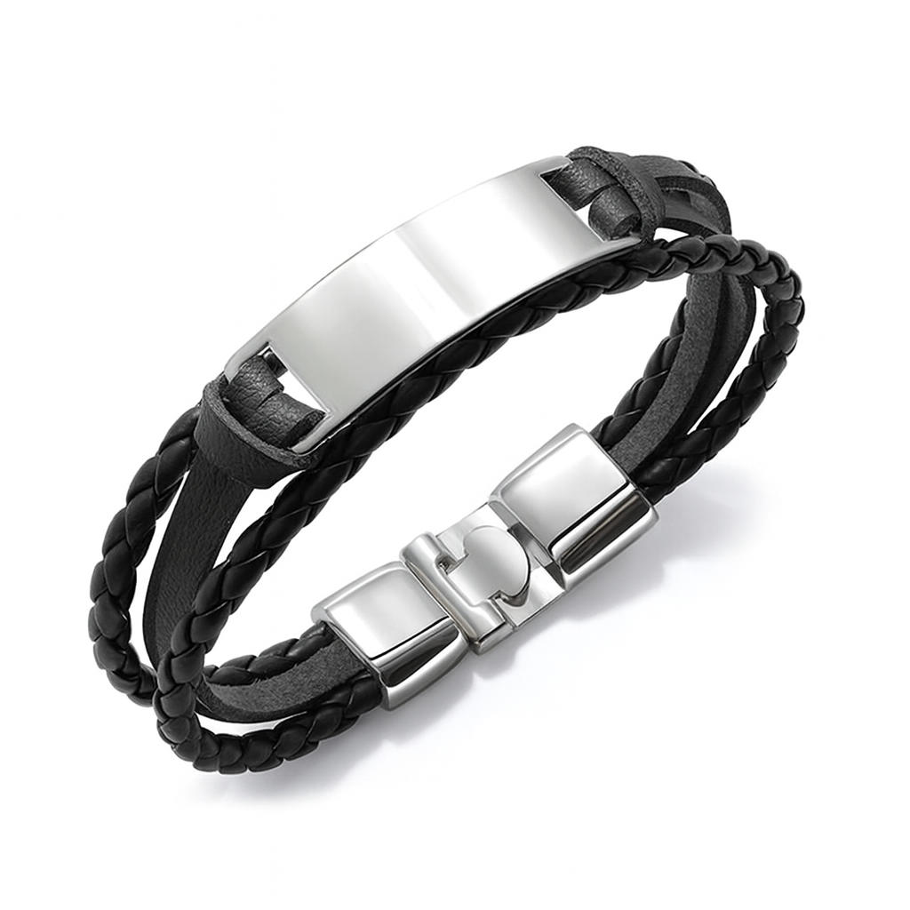 Pulsera de cuero negro con chapa plateada M&R Signatura