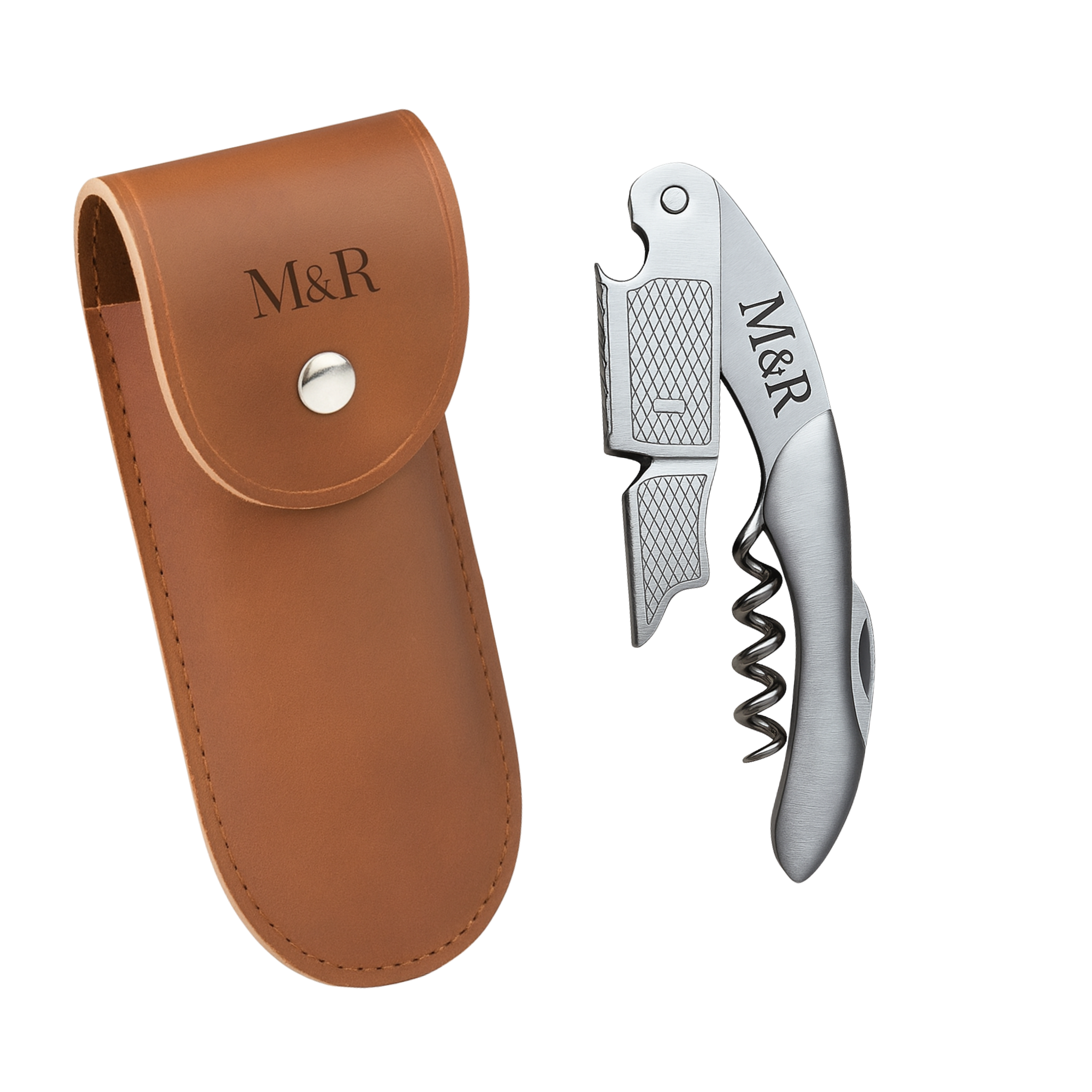 Sacacorchos de acero inoxidable personalizable con funda de cuero M&R Signature