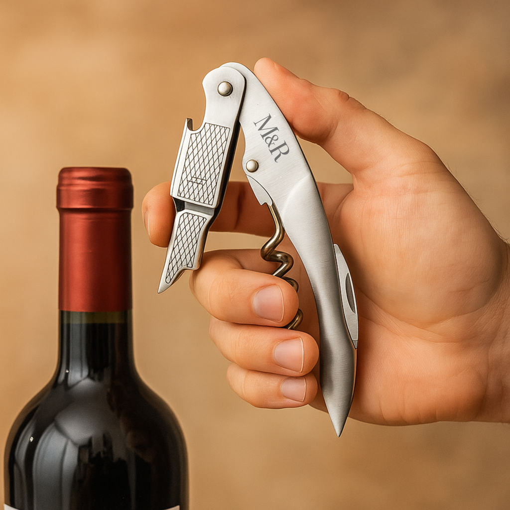 Sacacorchos de acero inoxidable personalizable con funda de cuero M&R Signature