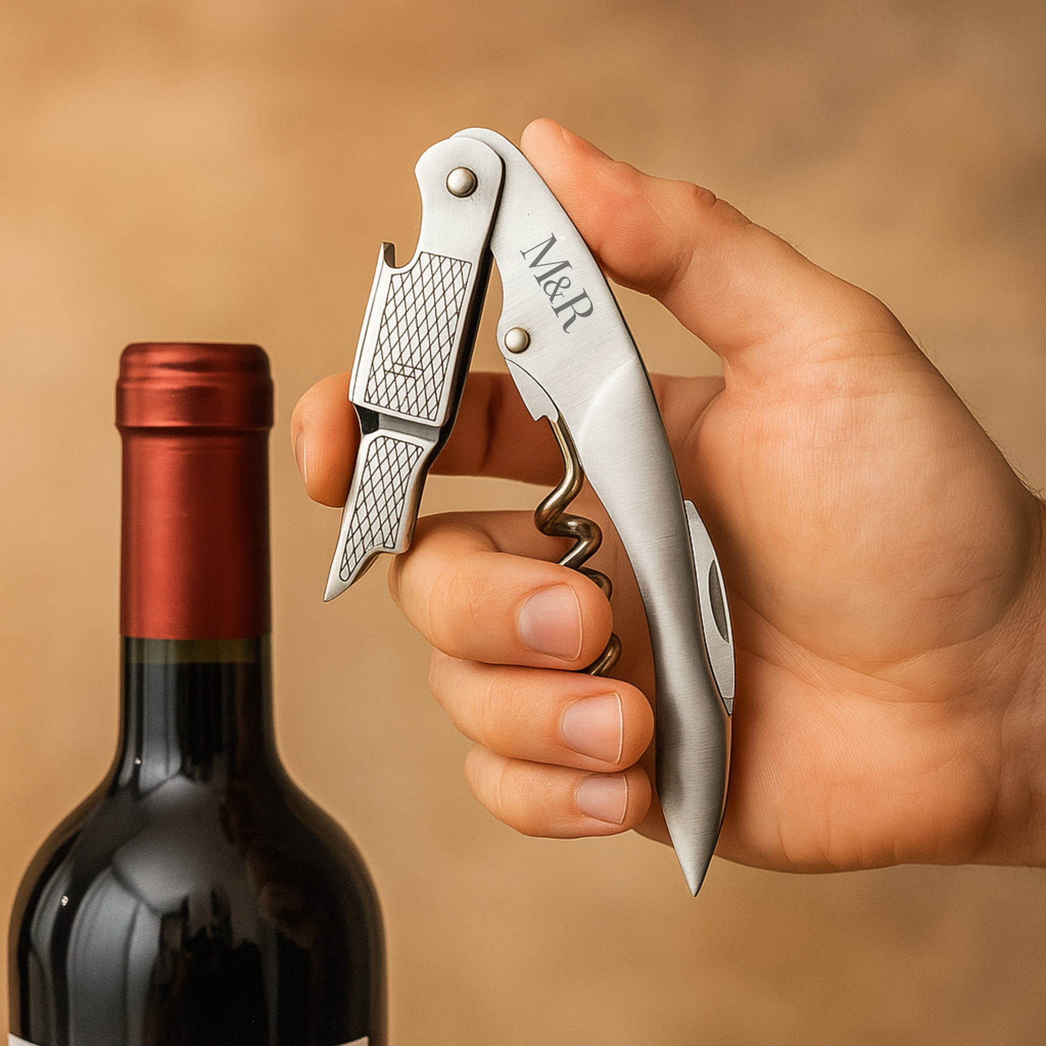 Sacacorchos de acero inoxidable personalizable con funda de cuero M&R Signature