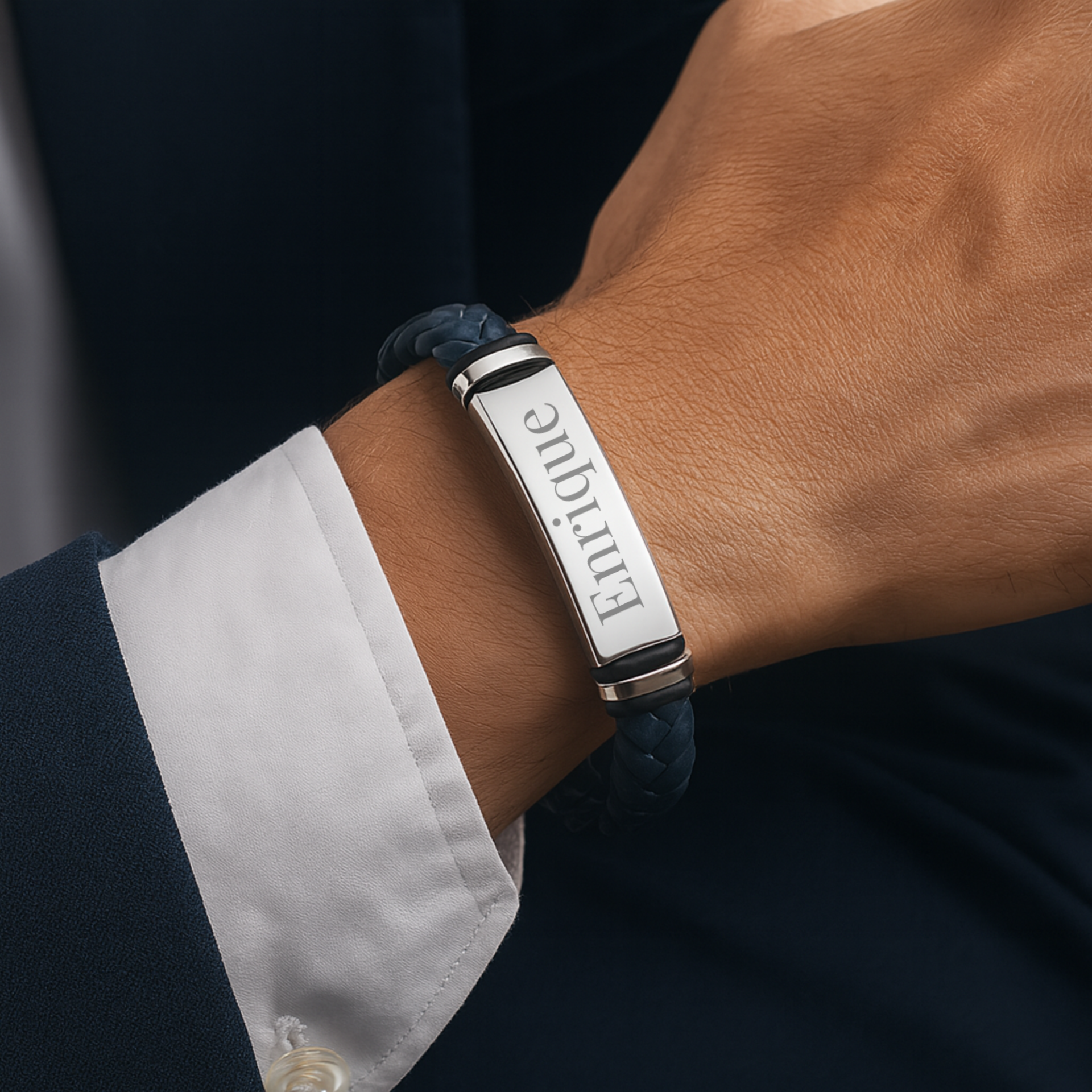 Pulsera de cuero azul marino trenzada y acero inoxidable M&R Signature