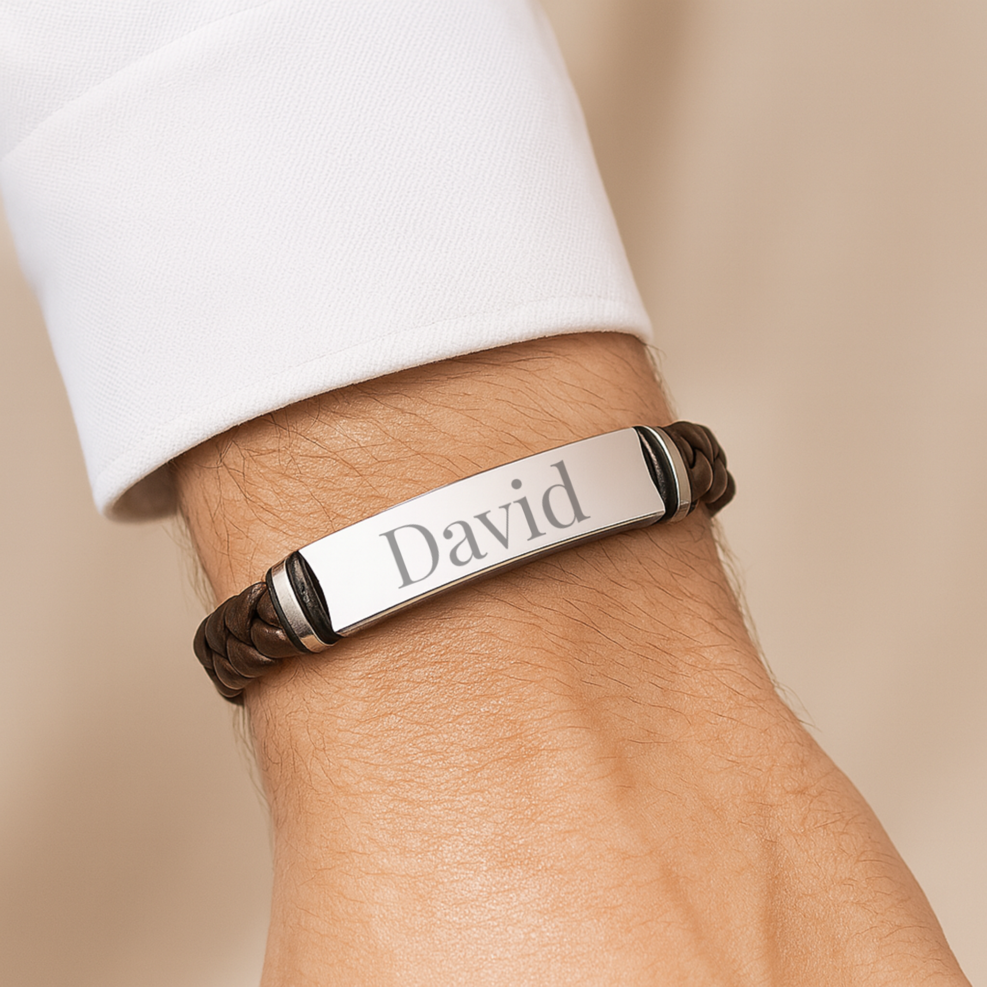 Pulsera de cuero marron trenzada y acero inoxidable M&R Signature