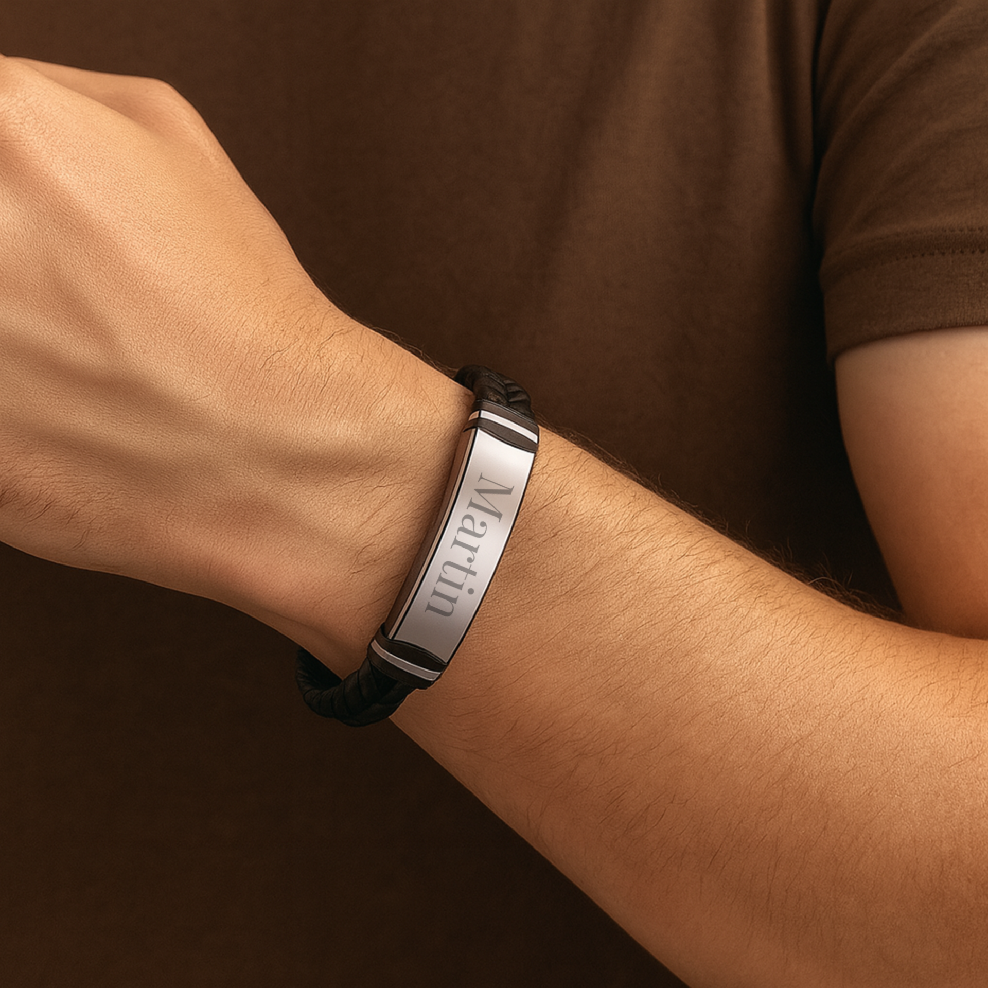 Pulsera de cuero negra trenzada y acero inoxidable M&R Signature