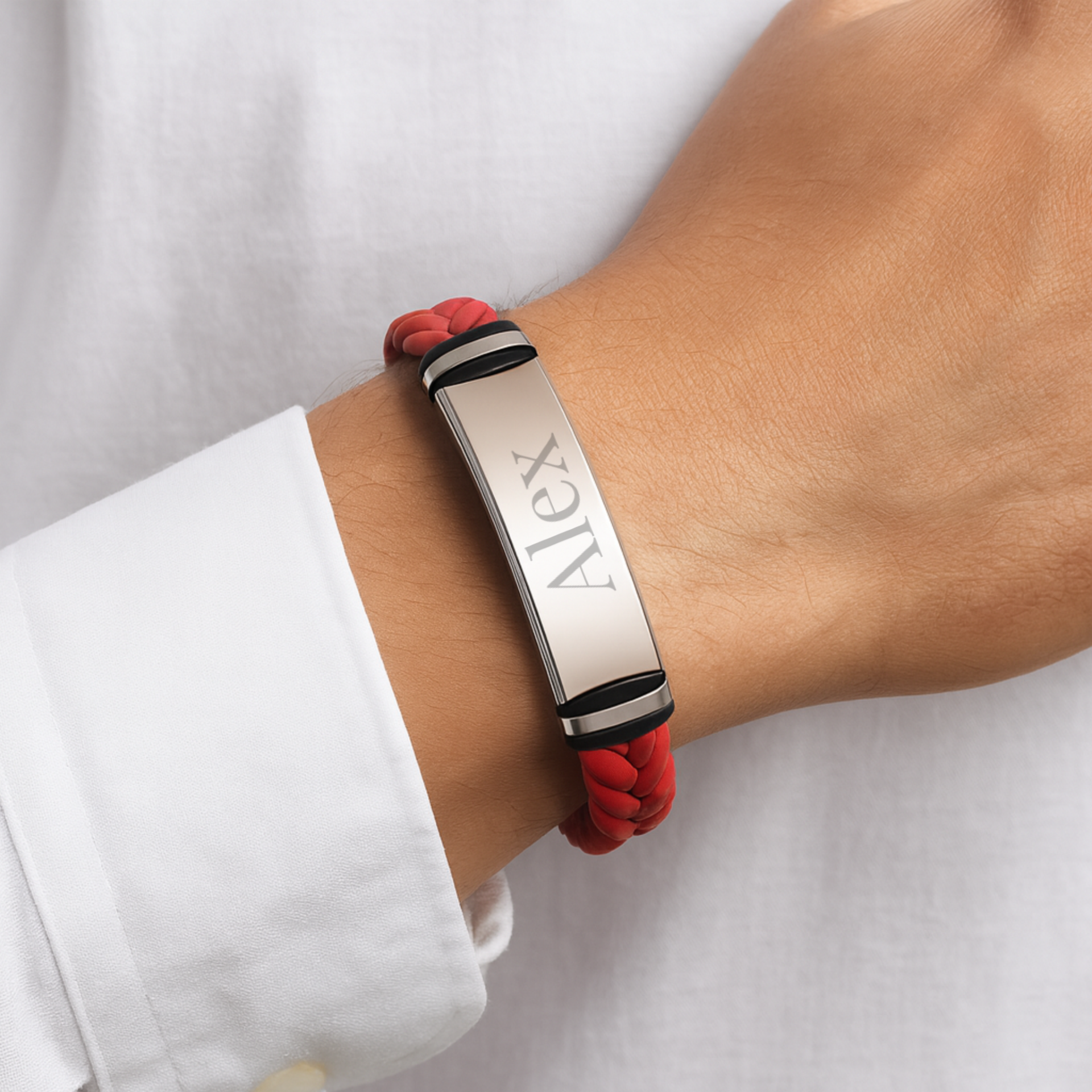 Pulsera de cuero roja trenzada y acero inoxidable M&R Signature