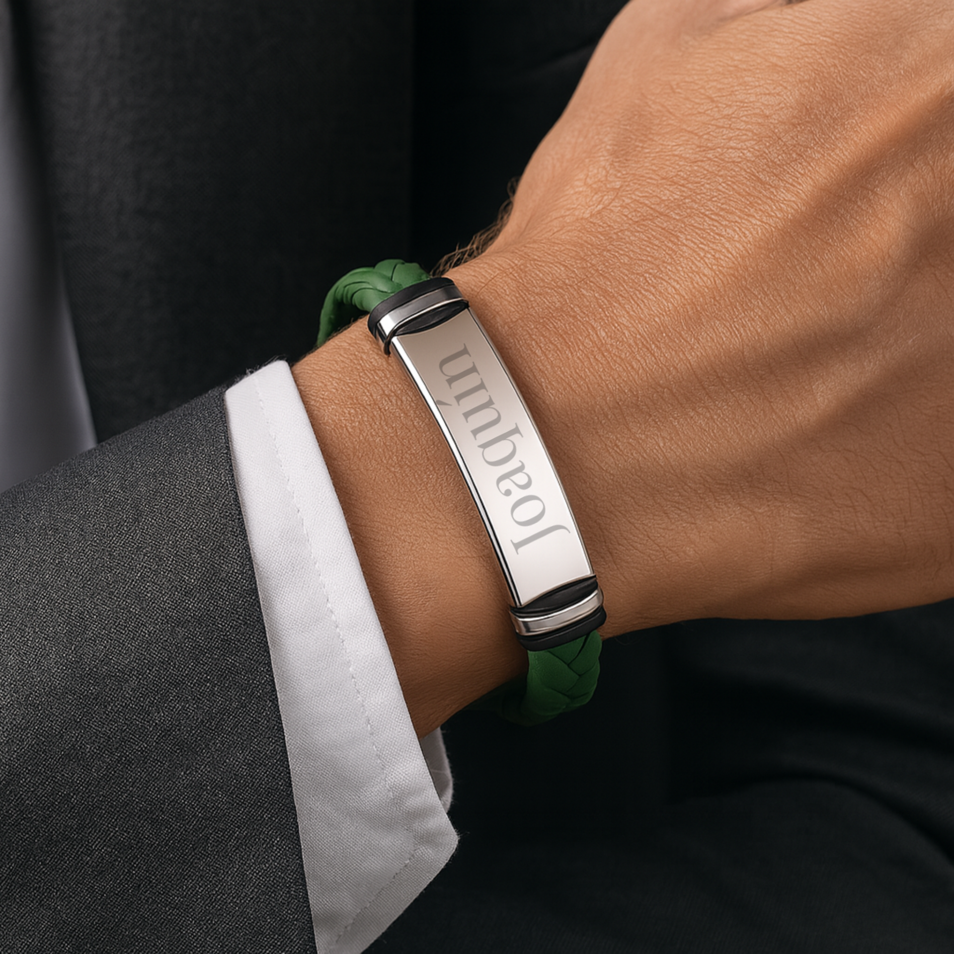 Pulsera de cuero verde trenzada y acero inoxidable M&R Signature