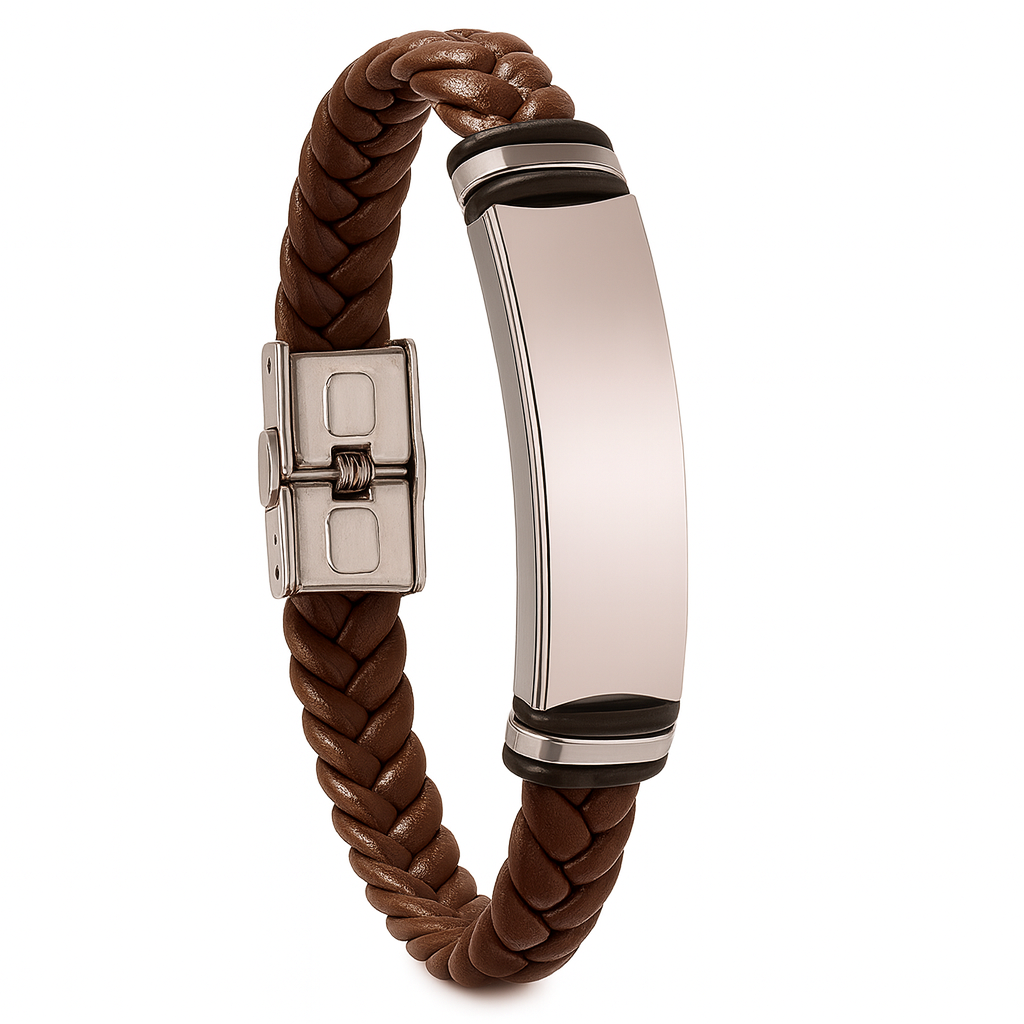 Pulsera de cuero marron trenzada y acero inoxidable M&R Signature