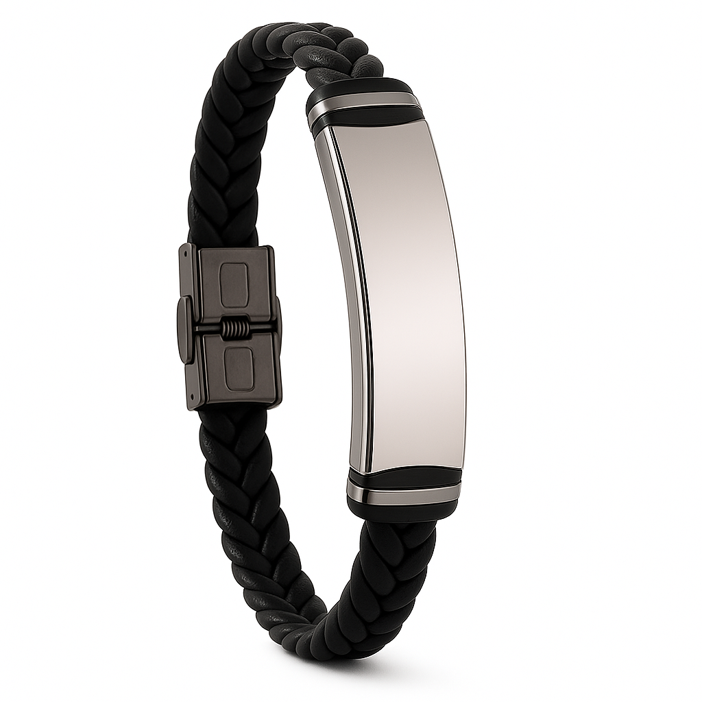 Pulsera de cuero negra trenzada y acero inoxidable M&R Signature