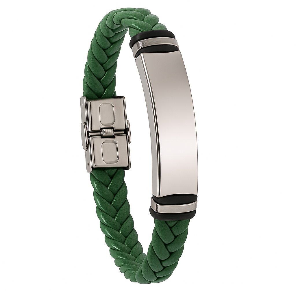 Pulsera de cuero verde trenzada y acero inoxidable M&R Signature